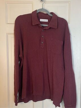 Mutual Weave XXL Shirt Polo Burgundy Red Waffle  Knit Pocket Long Sleeve